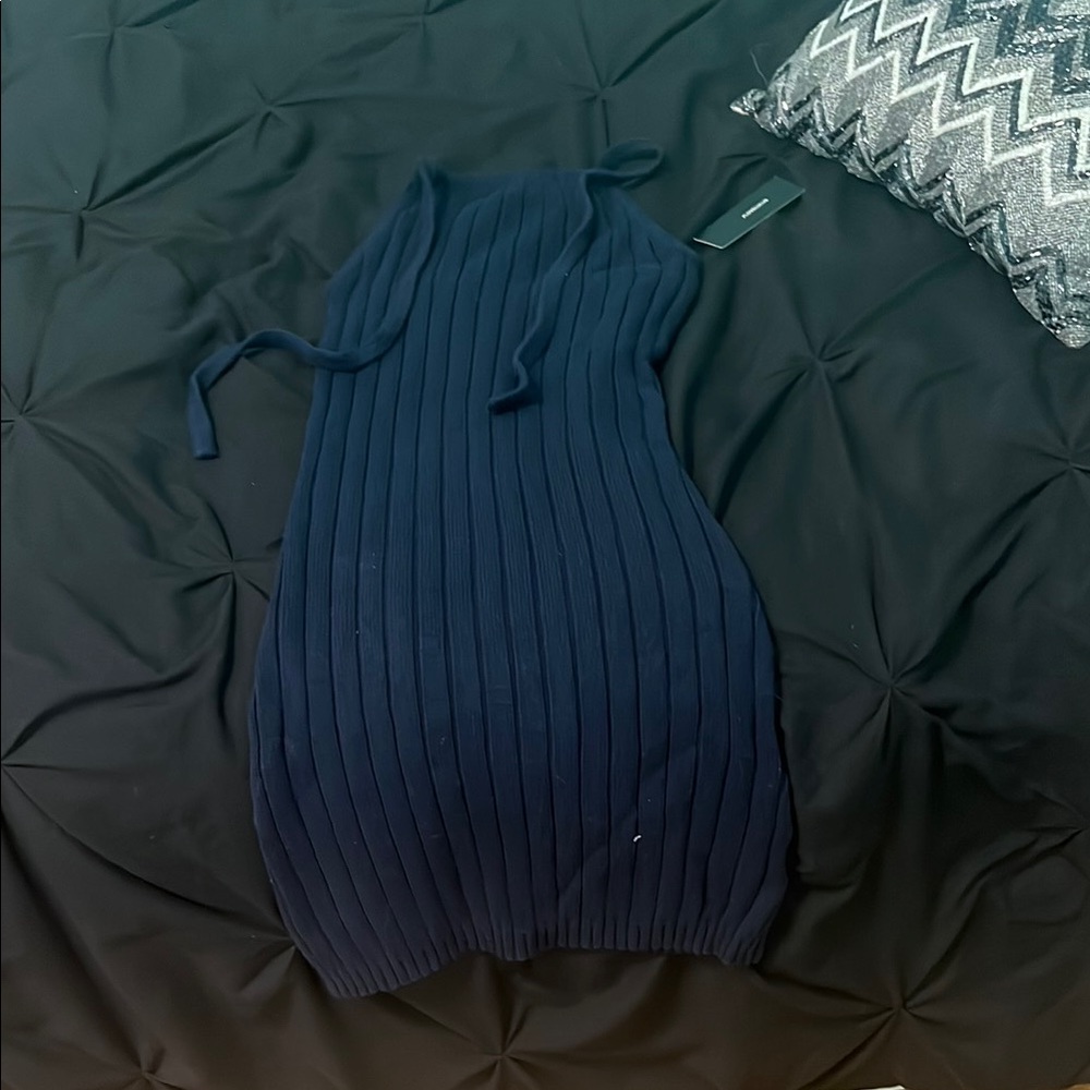 Navy Blue Ribbed Knit Sweater Dress